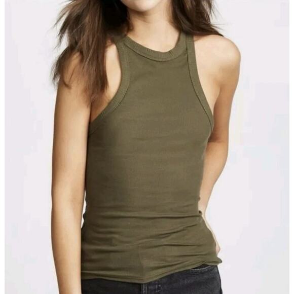 Free People Wide Eyed Tank Top Army Green Ribbed Basic Racerback Minimalist Sz S - Picture 1 of 9